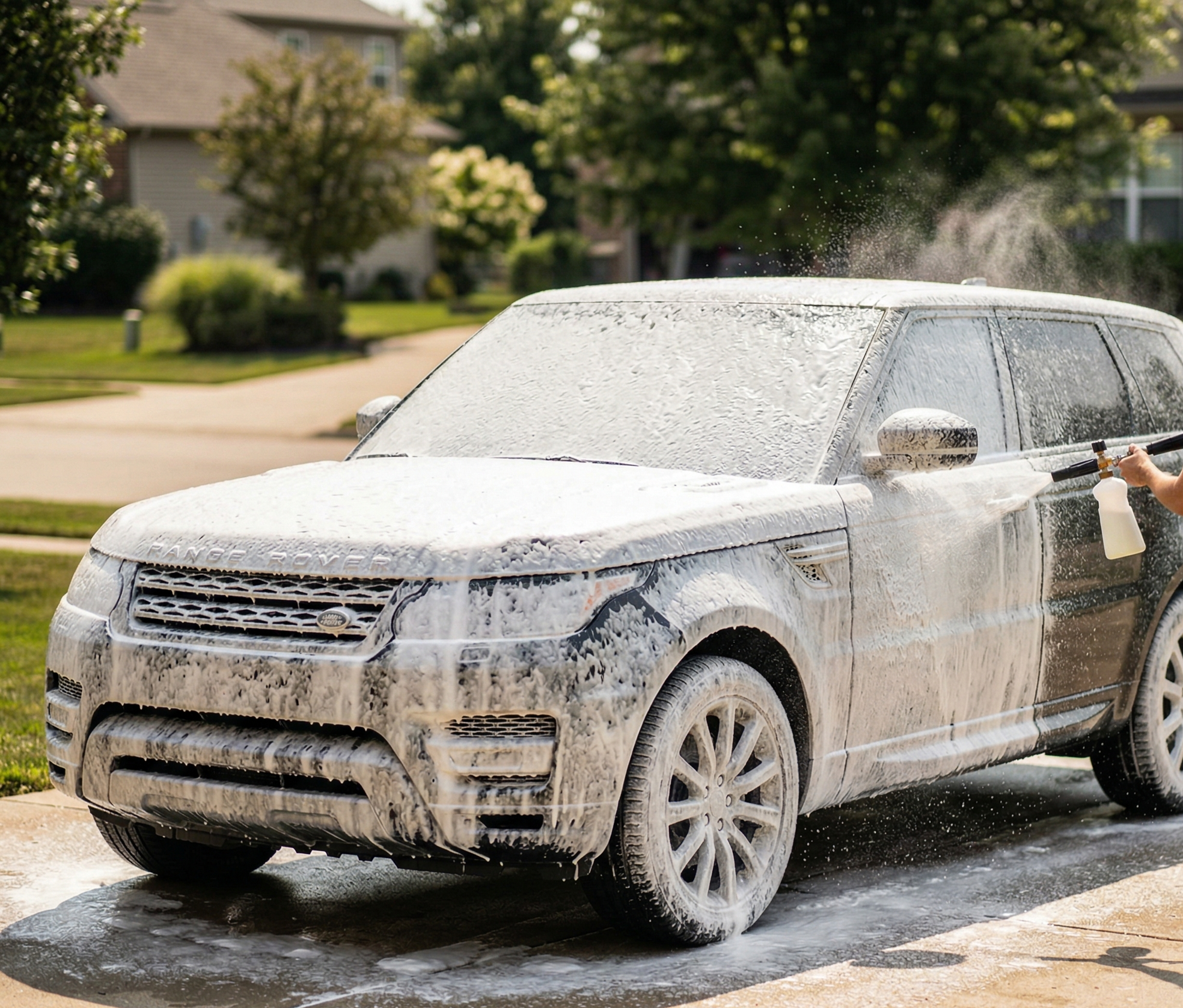 Foam cannon spraying SUV