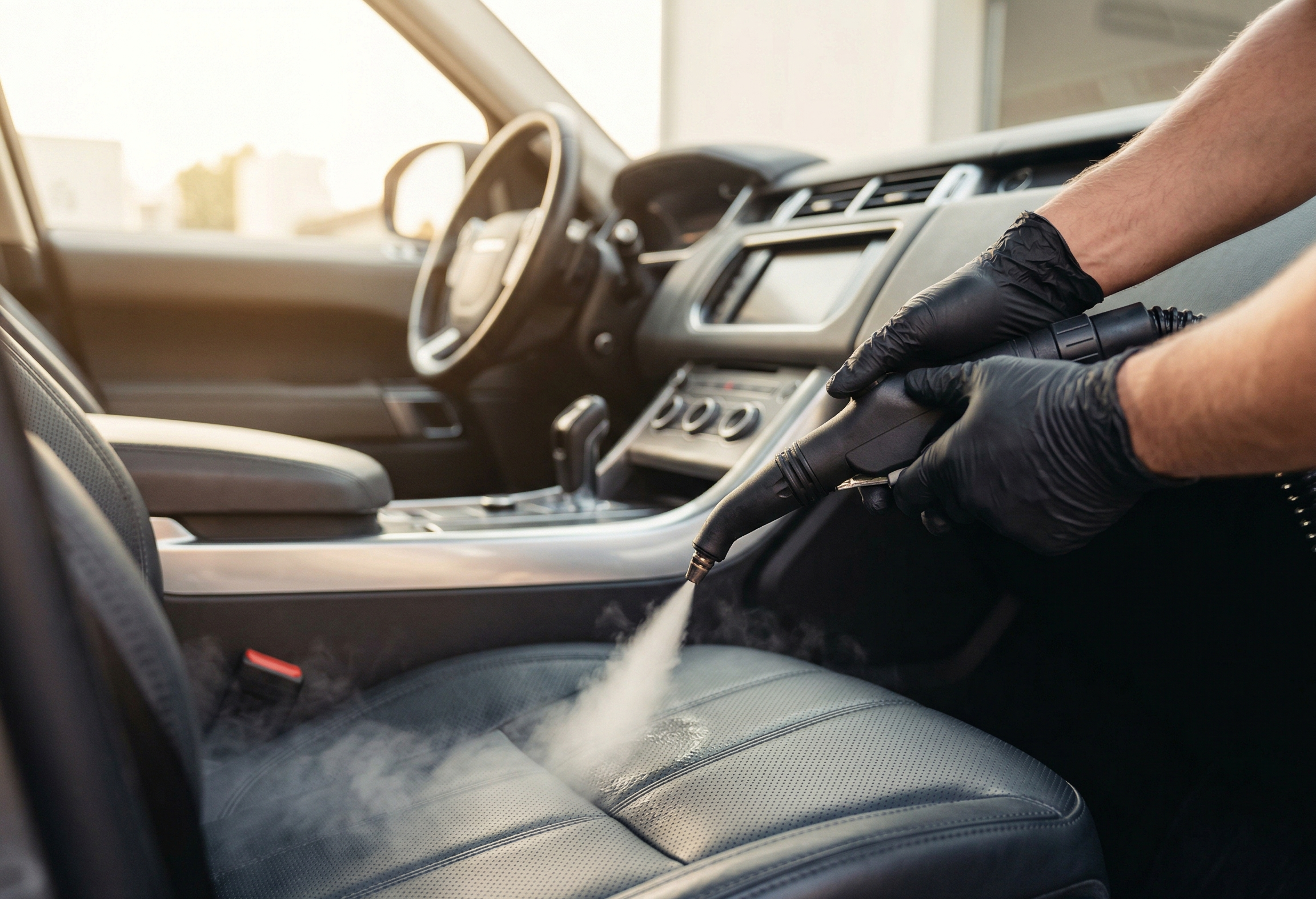 Steam cleaning a leather car seat