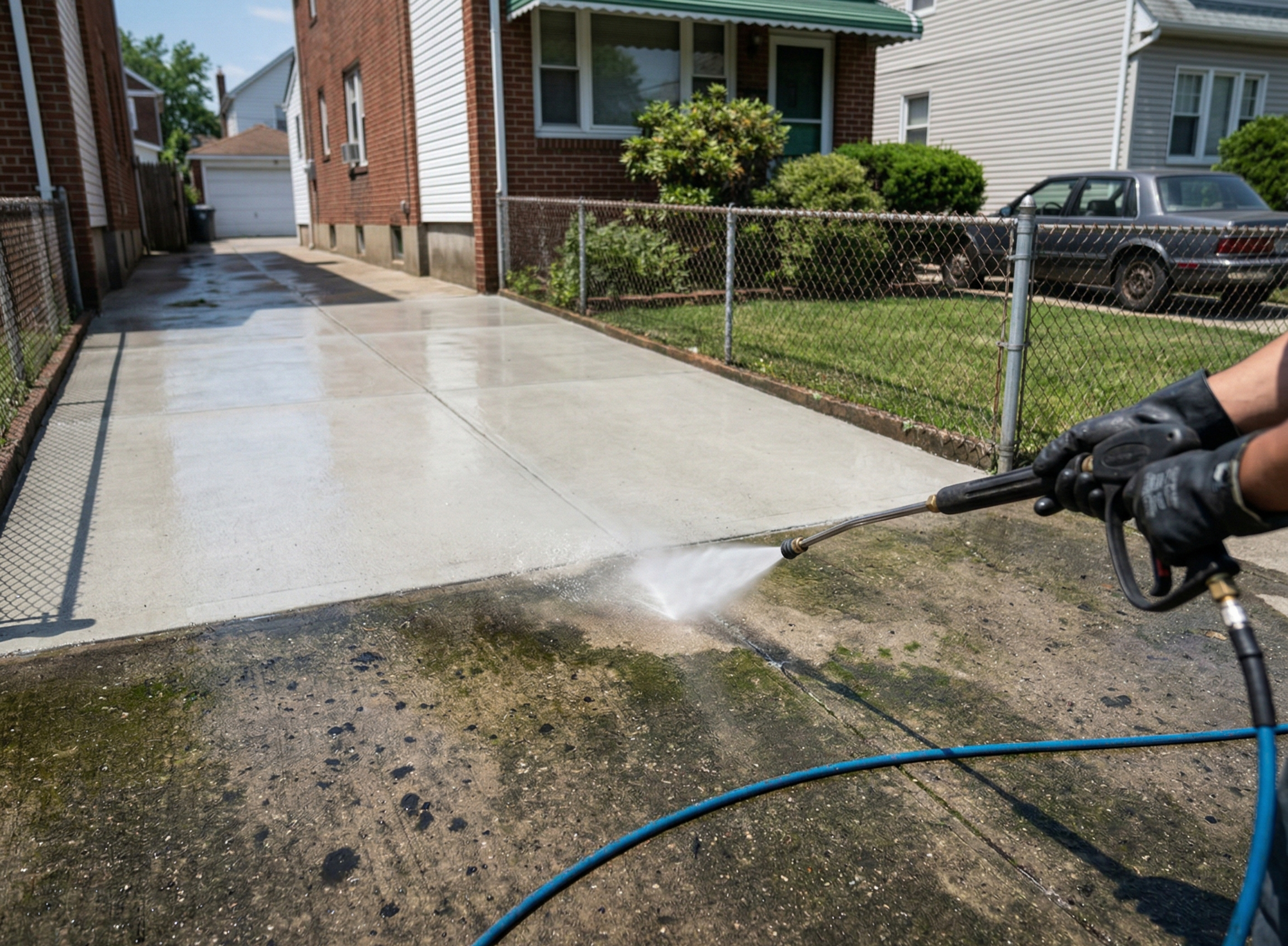 Pressure washing a Brooklyn driveway