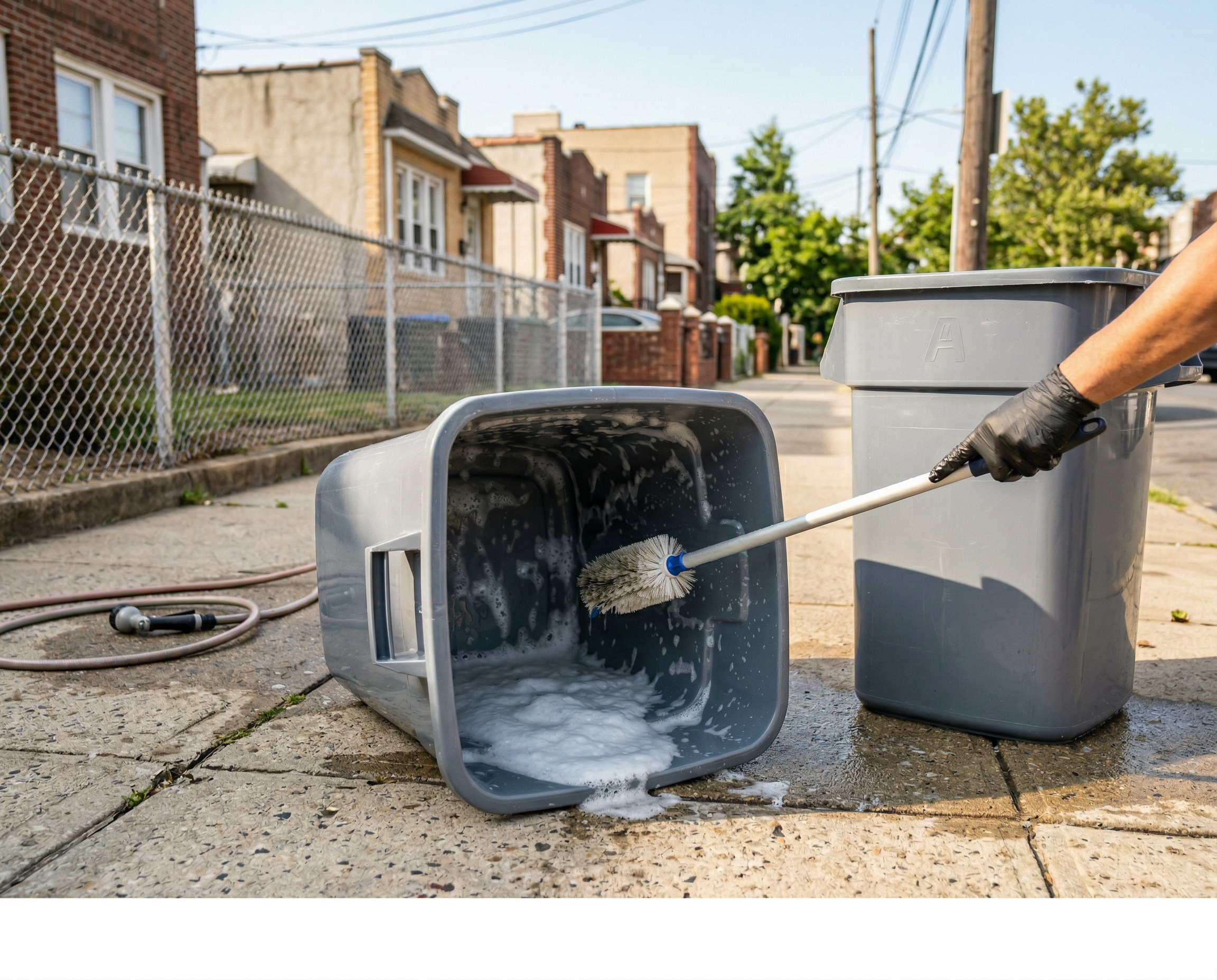 Scrubbing a gray trash can on a Brooklyn sidewalk